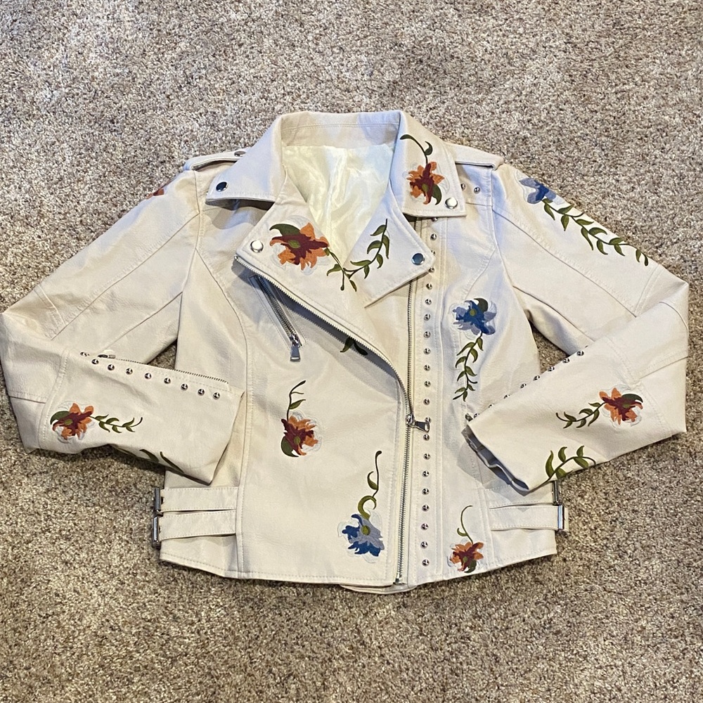 White/Cream Leather Jacket with Floral Embroidery - S